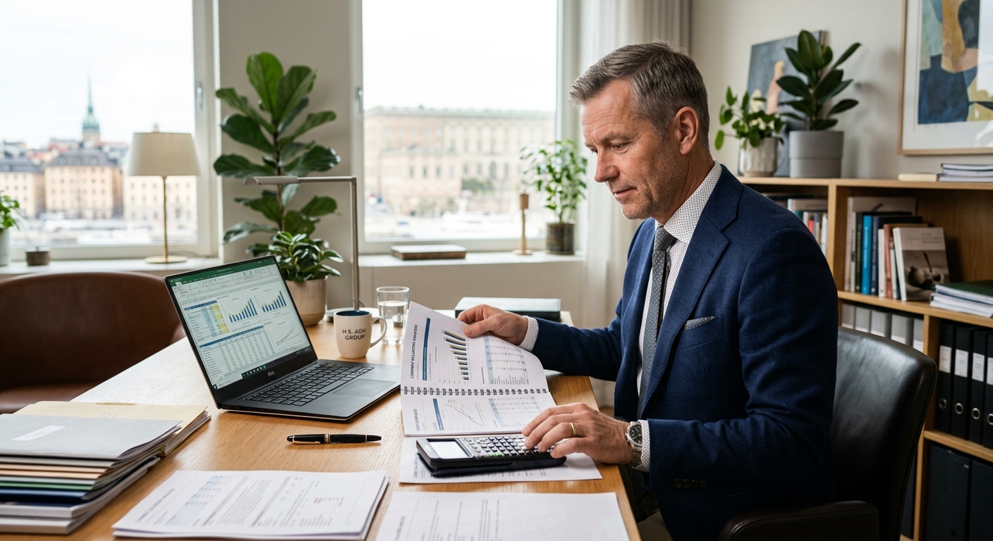 Rådgivare och företagare går igenom ekonomiska underlag på ett kontor