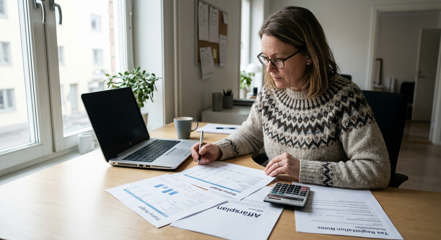 Företagare går igenom budget, verksamhetsbeskrivning och skatteunderlag vid skrivbord