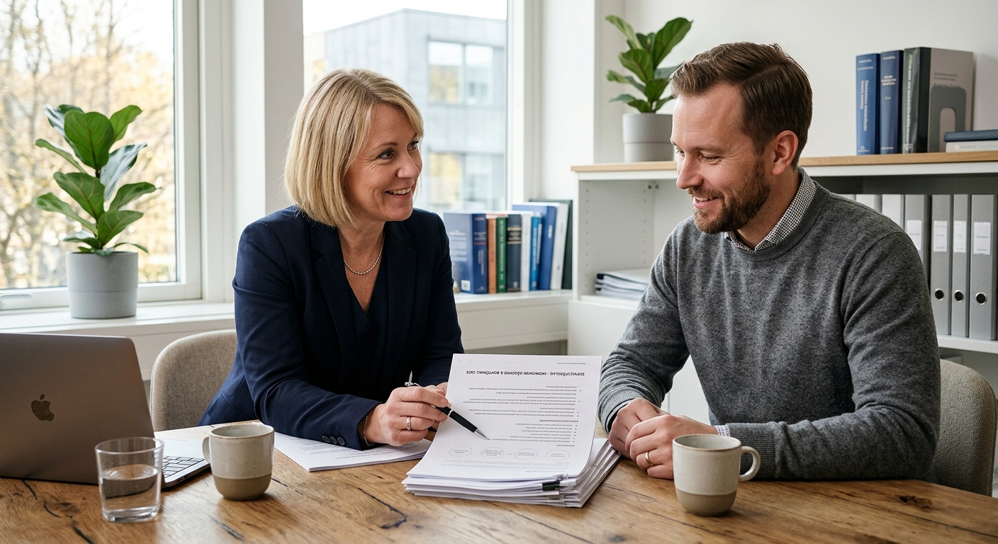 Rådgivare och företagare jämför offert och uppdragsbeskrivning på ett kontor