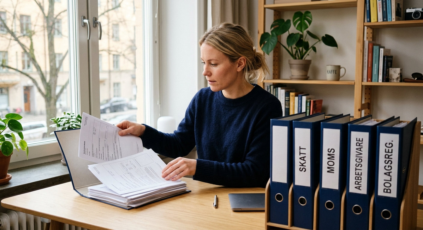 Företagare organiserar handlingar för F-skatt, moms och arbetsgivarregistrering