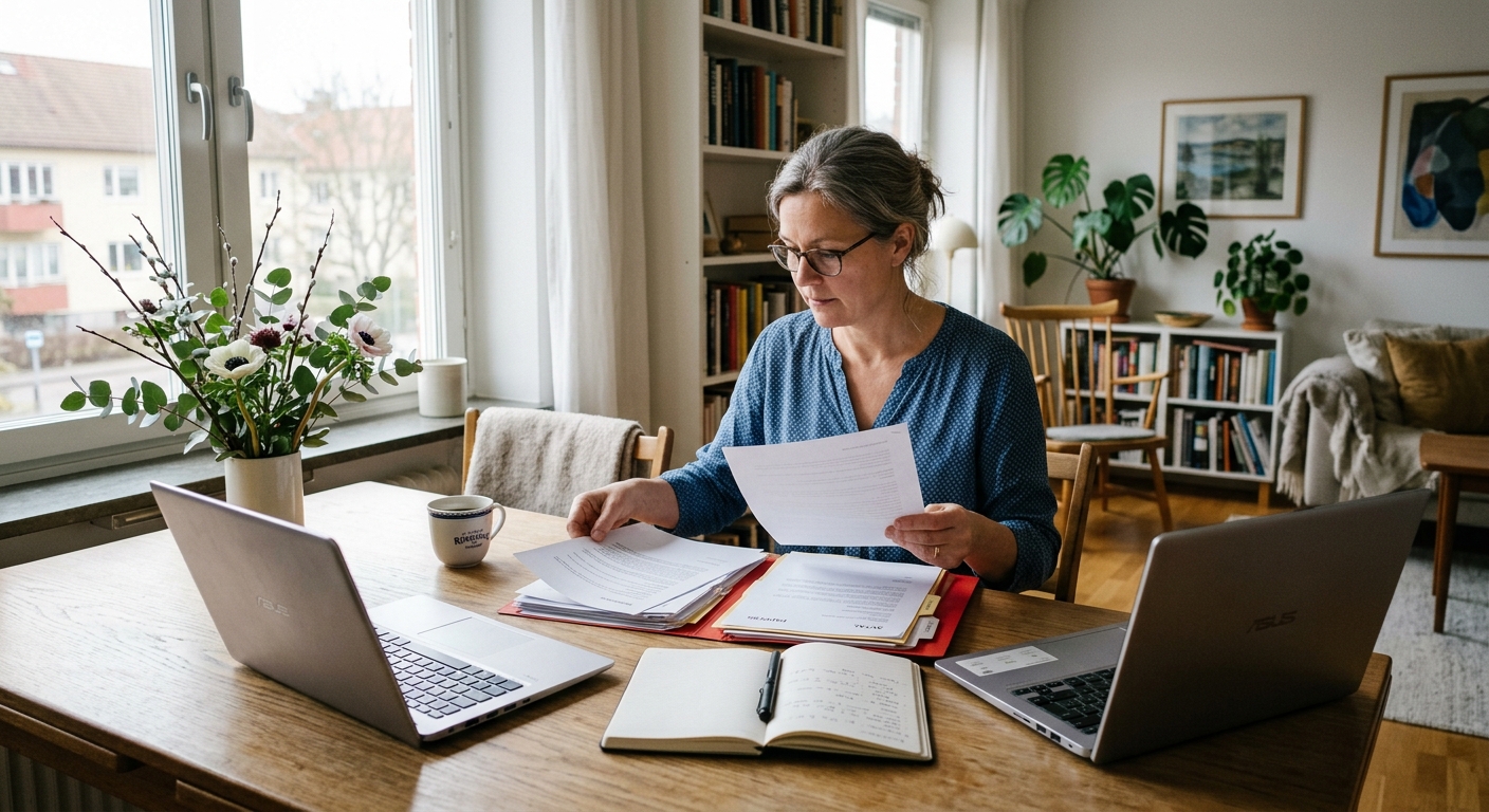 Privatperson som sorterar avtal och anteckningar inför juridisk rådgivning