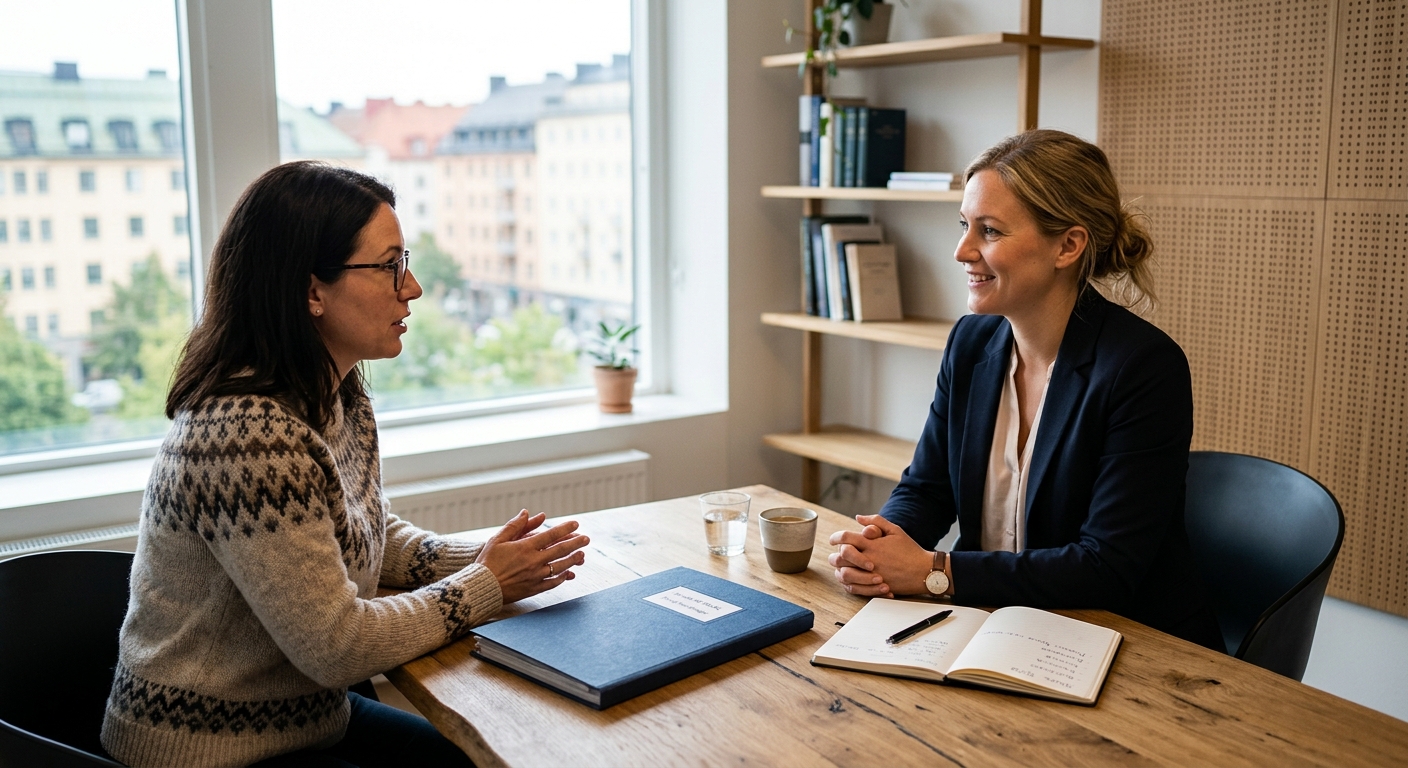Jurist och privatperson samtalar vid ett lugnt rådgivningsmöte