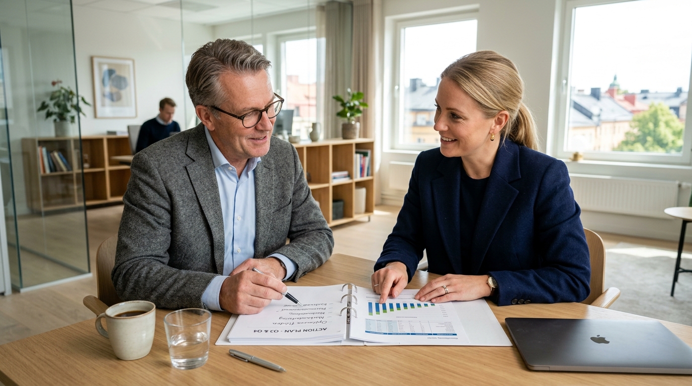 Företagare och rådgivare går igenom ett beslutsunderlag vid ett mötesbord