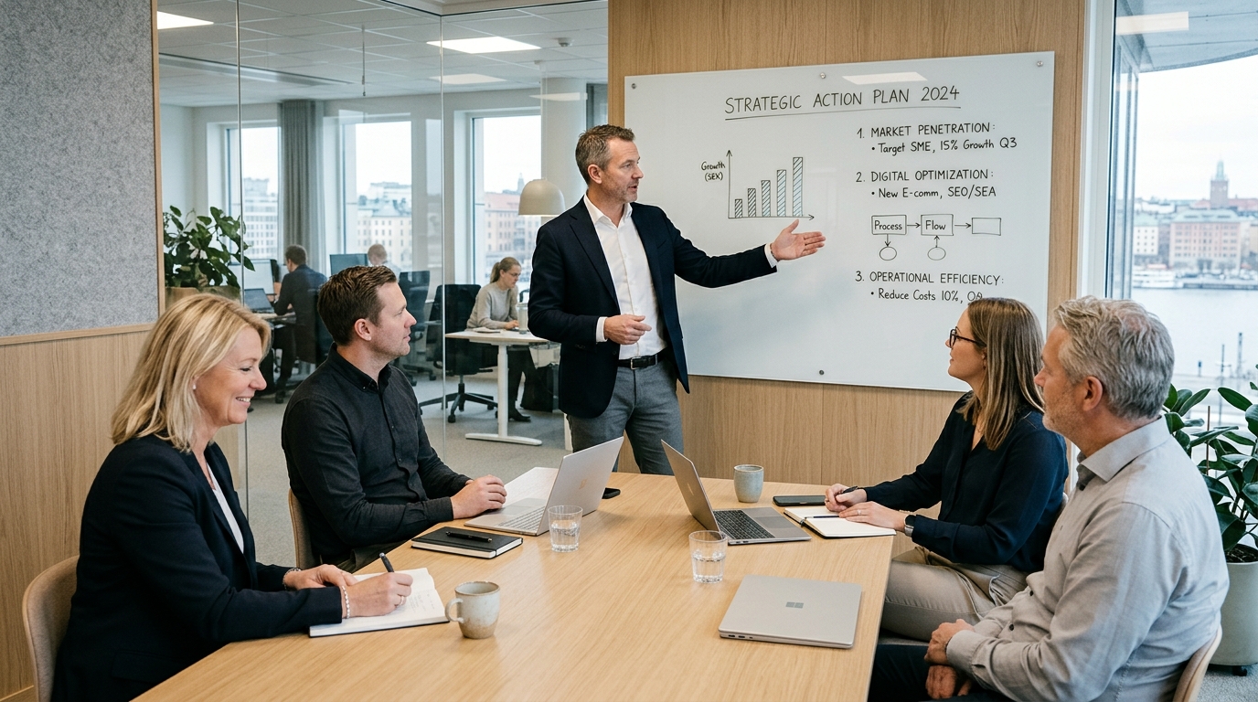 Rådgivare presenterar en prioriterad handlingsplan för ett företagsteam