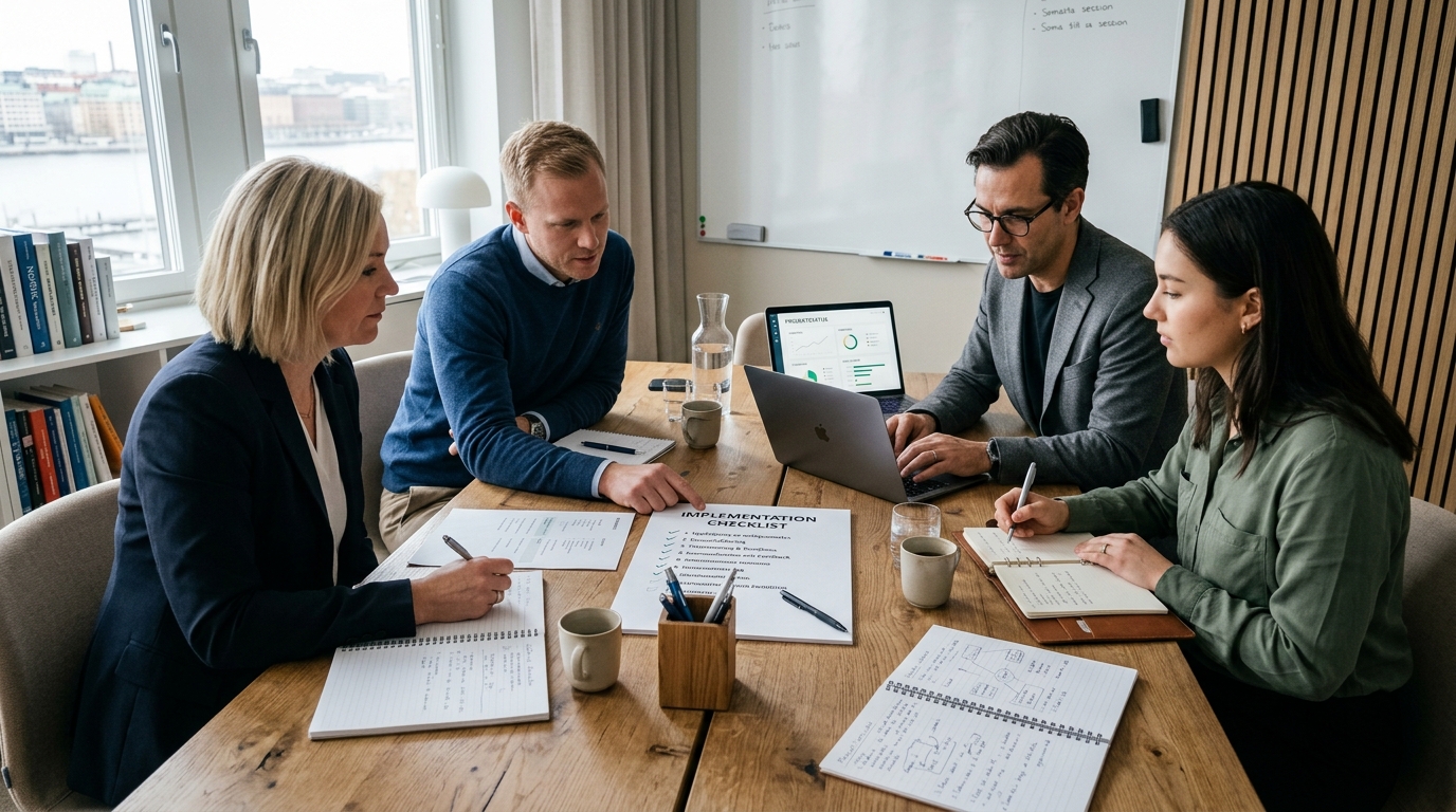 Företagsteam följer upp aktiviteter från en rådgivningsplan på kontoret