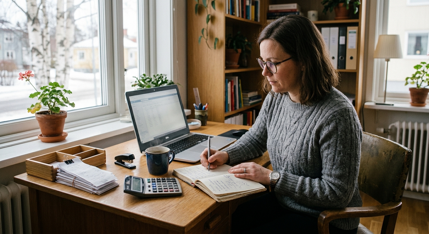 Person som planerar starten av en enskild firma vid ett skrivbord