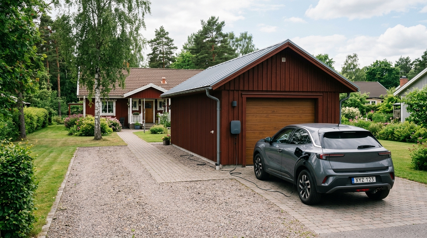 Elbil ansluten till en väggmonterad laddbox vid ett garage.