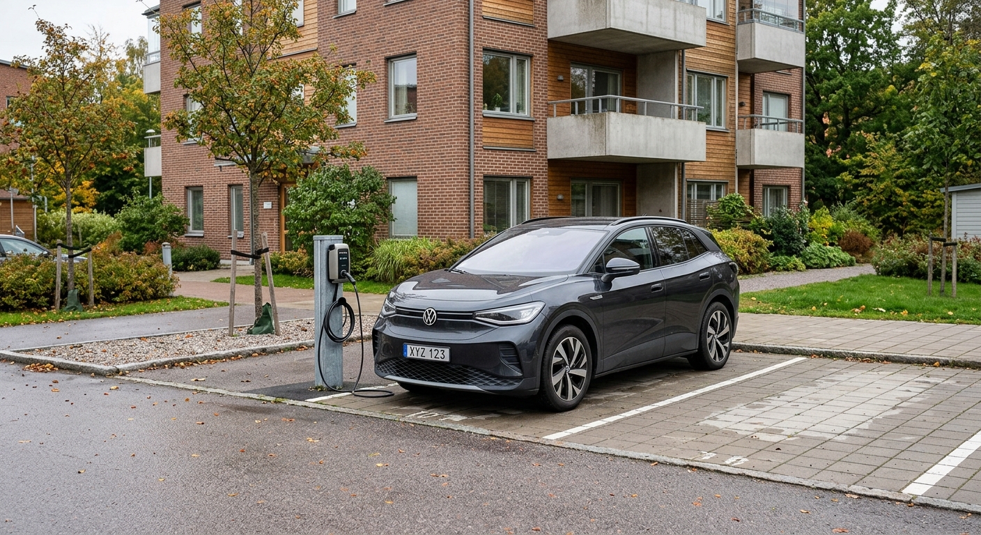 Laddpunkter vid parkeringsplatser utanför ett flerbostadshus.