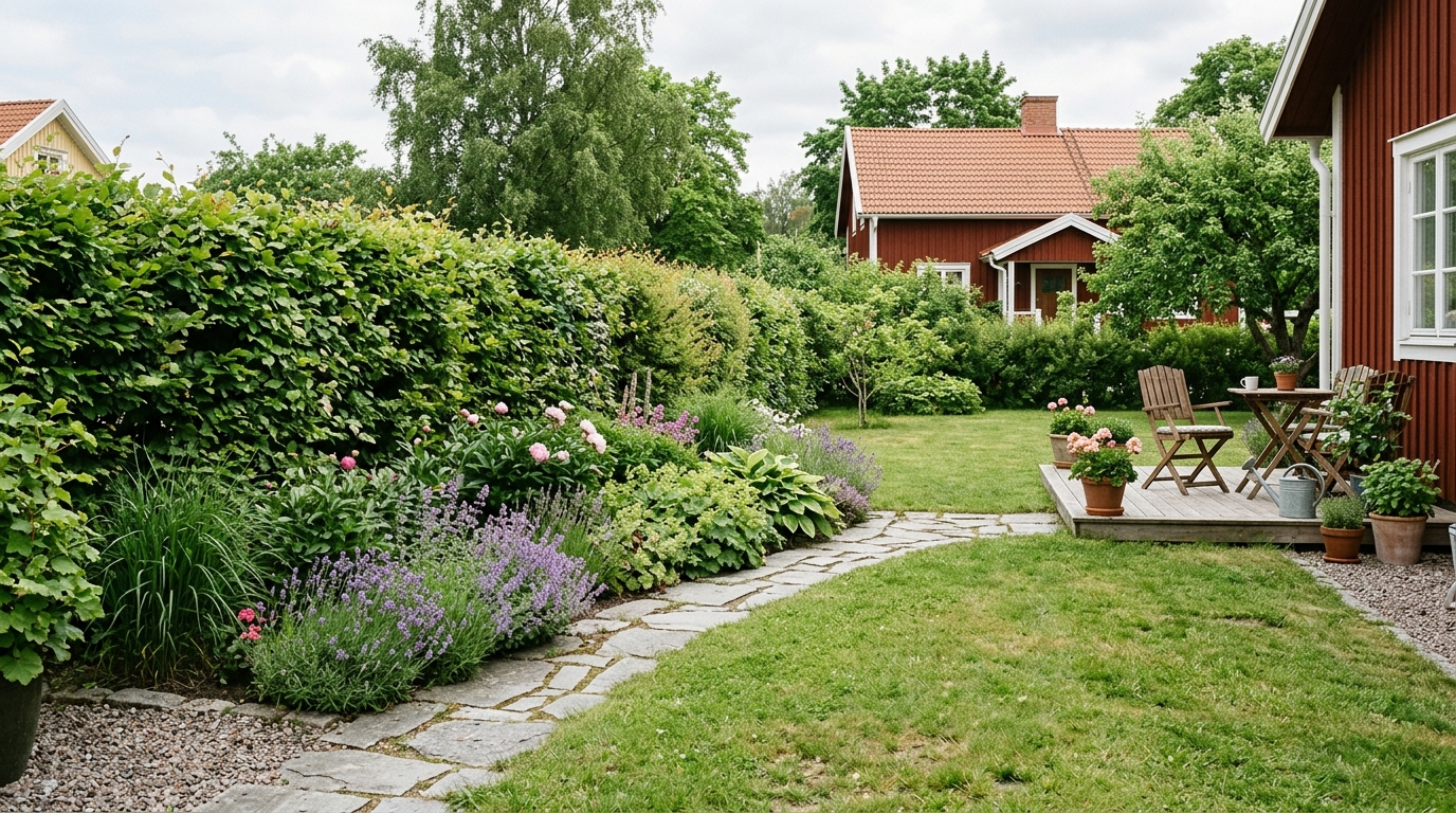 Överblick över en trädgård med gräsmatta, häck, rabatter och en stenlagd gång.