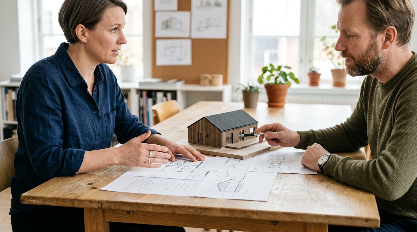 Samtal kring en bostadsmodell och tidiga planskisser vid ett ljust arbetsbord.