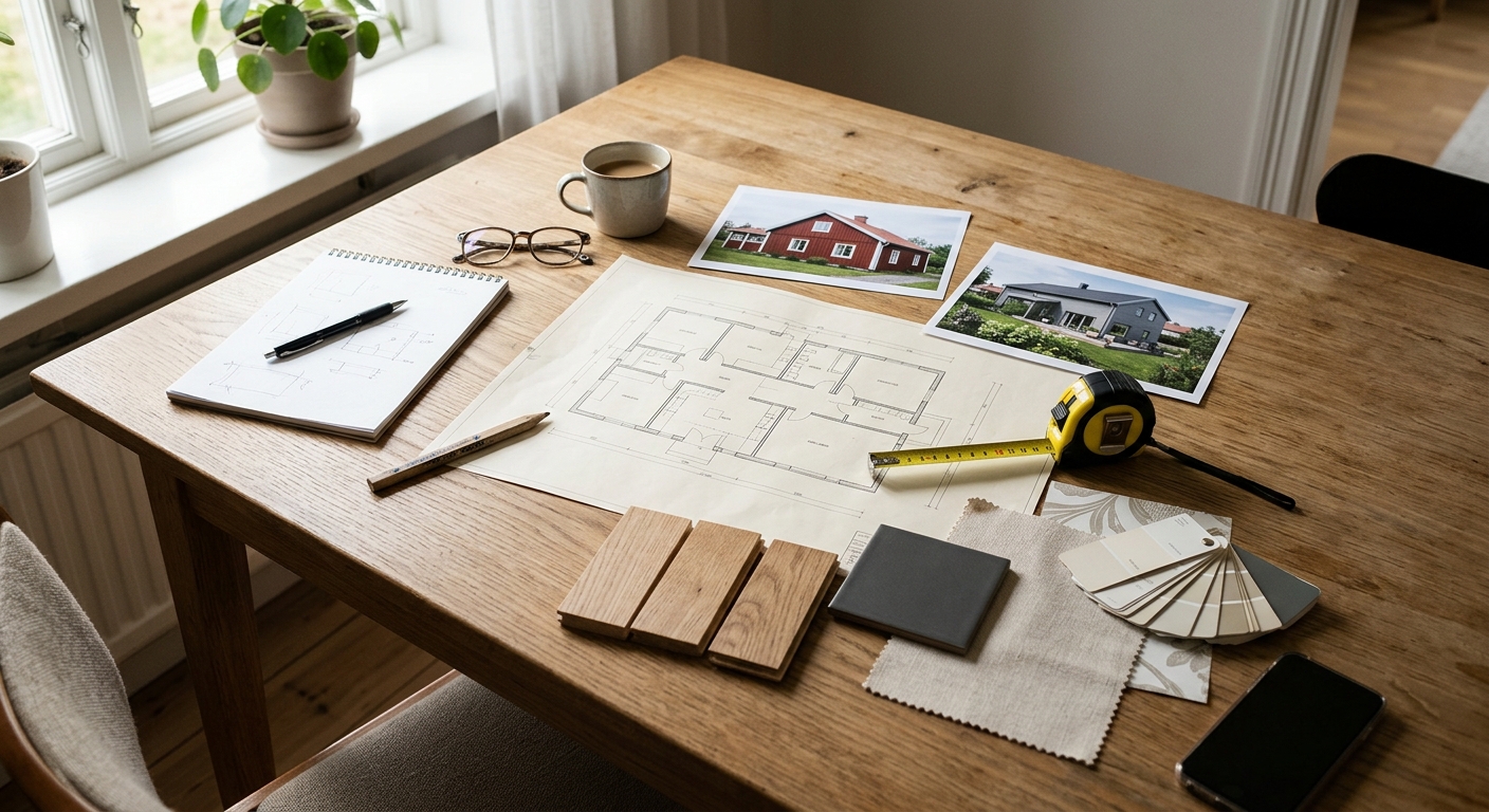 Befintlig planritning, foton av ett hus och materialprover samlade inför projektplanering.