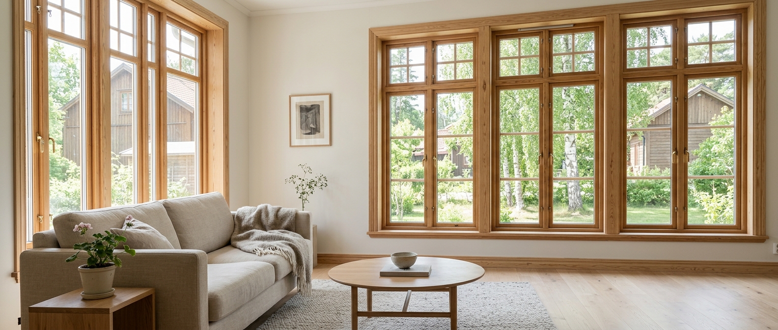 Fönster med träbågar i ett ljust bostadsrum, med både glas och karm synliga.