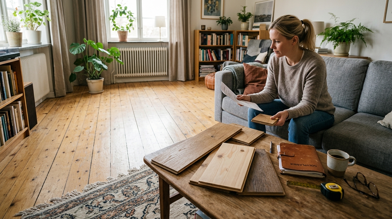 Ljust vardagsrum med befintligt trägolv och golvprover inför en renovering