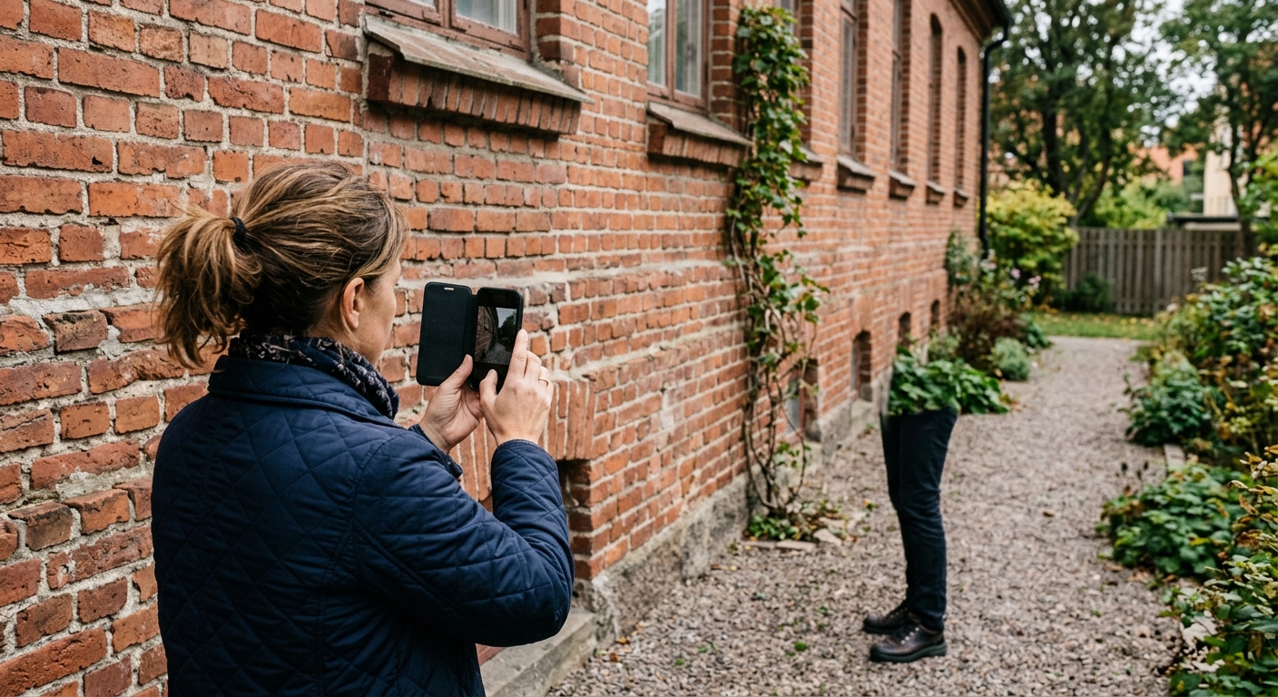Person som fotograferar fogarna i en tegelvägg från marknivå