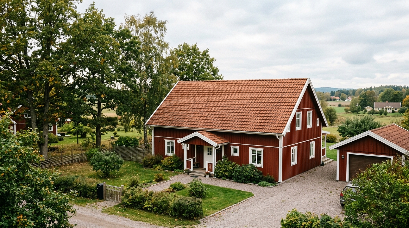 Villa med tegeltak, skorsten och närliggande träd som visar förutsättningar att undersöka inför solceller.