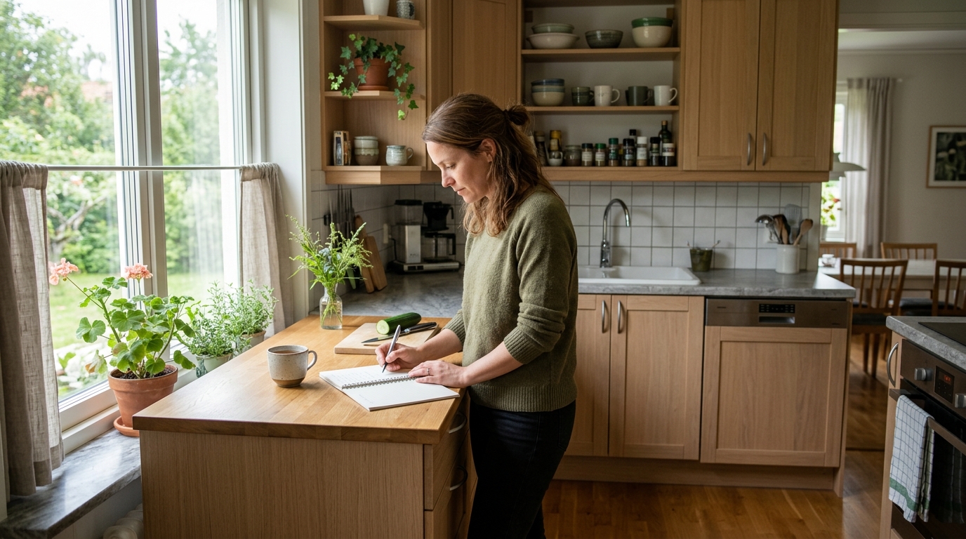 Person som förbereder anteckningar vid en diskmaskin i ett ljust kök.