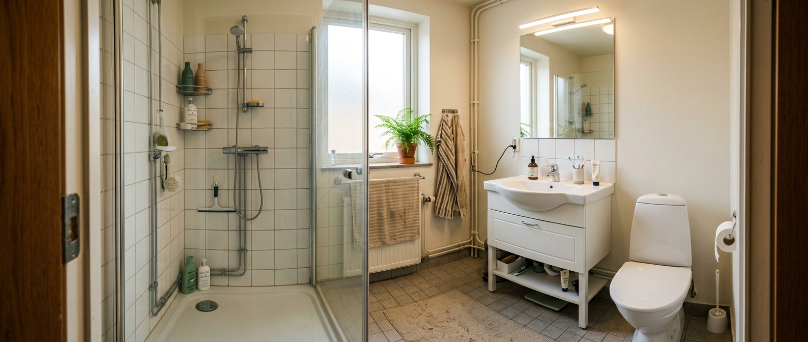 Överblick över ett badrum med dusch, handfat, förvaring och WC.