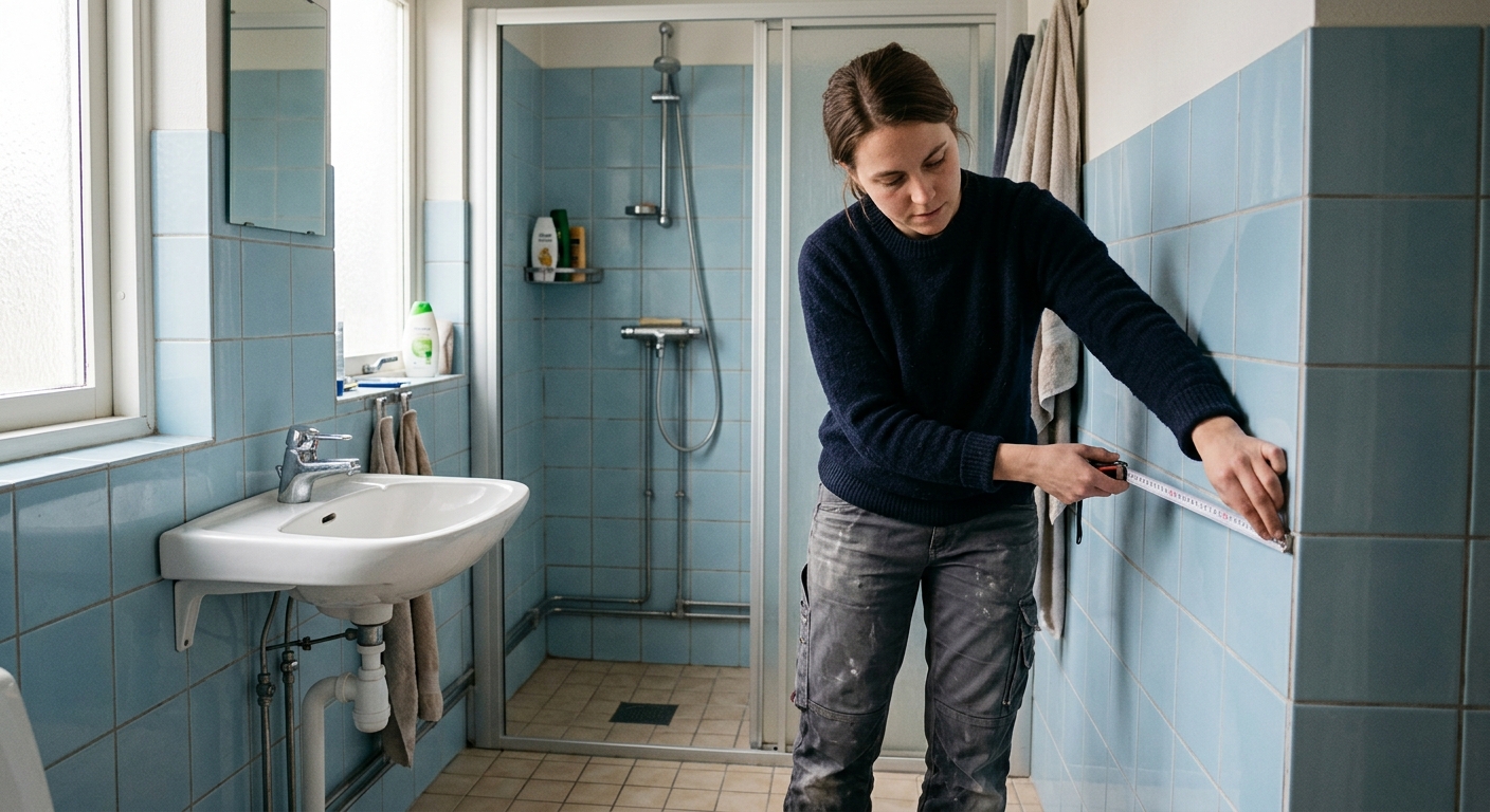Person som mäter ett befintligt badrum inför planering av renovering.