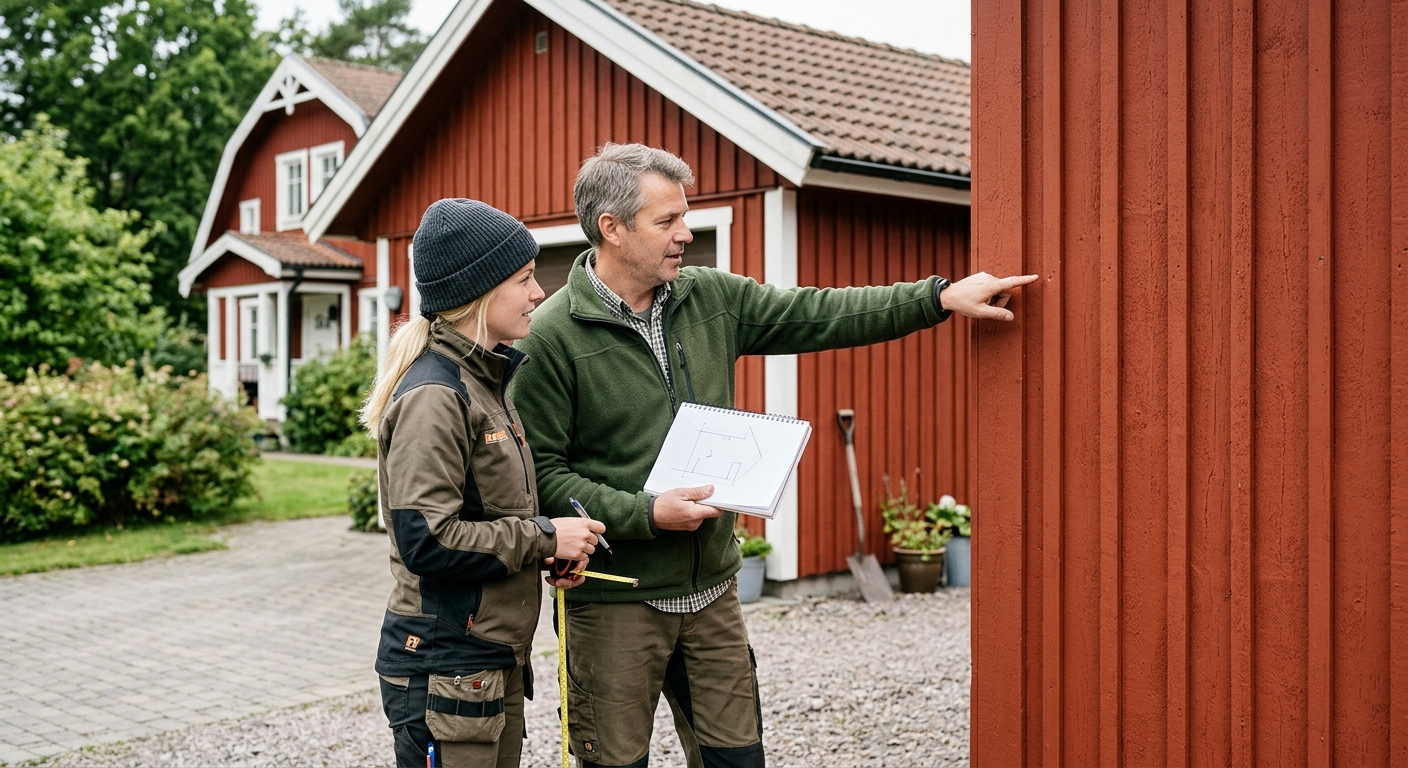 Villaägare och installatör planerar laddboxens placering vid ett fristående garage.