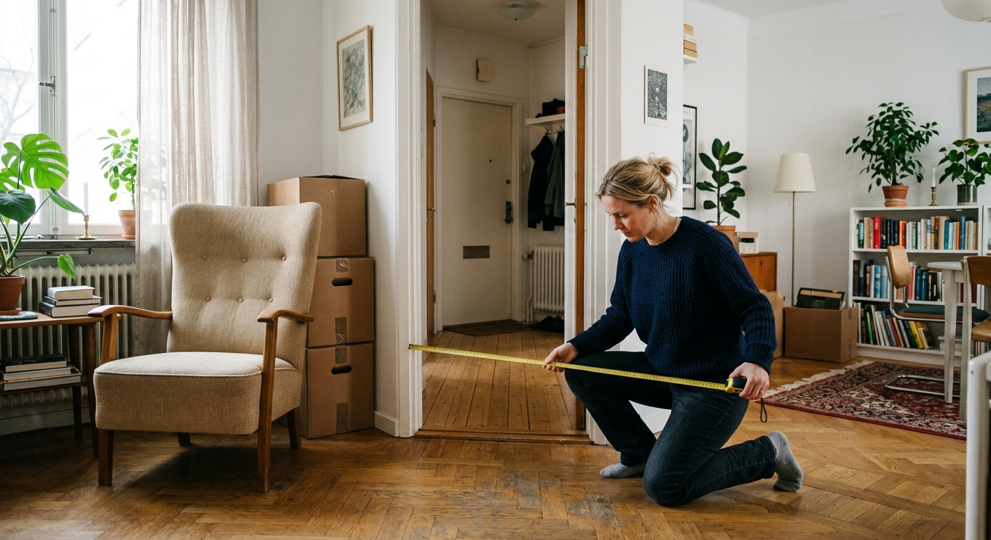 En person mäter en dörröppning inför transport av en större möbel.